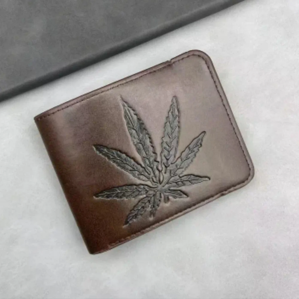 DarkTan/Medium Brown Leather Bifold Wallet With Embossed Weed Leaf Design (OS)